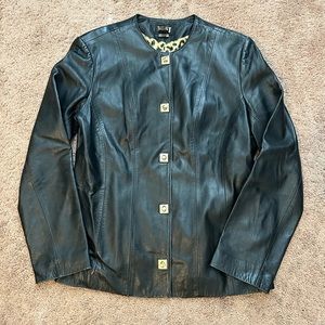 B&J leather jacket size medium black‎ with animal print lining